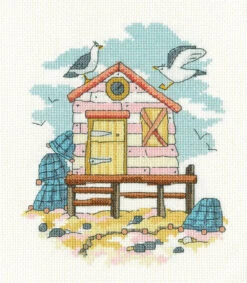 By The Sea - Pink Beach Hut Heritage Crafts Cross Stitch Kit